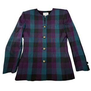 CASUAL CORNER Plaid Button Blazer Purple Teal Black Classic Heritage 12